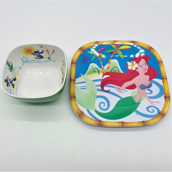 Disney Little Mermaid Mickey Stitch Minnie Mouse Melamine Plate and Bowl Set